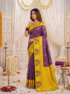 Sari en soie violet et jaune avec motif paon pour femme, longueur ras du sol, sans plis, coupe classique, idéal pour mariage traditionnel indien - Product Image 6