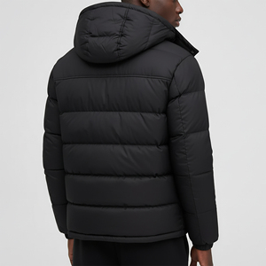 <b>Men's</b> Black Hooded Puffer <b>Jacket</b> Windproof Thick Winter Casual Zipper Closure Regular Fit Camouflage Pattern Cotton <b>Long</b> Worsted - Product Image 2