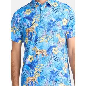 Chemise de golf pour homme à manches courtes en polyester/coton, imprimé floral bleu, décontractée, respirante, coupe régulière, tricotée, 180g - Product Image 5