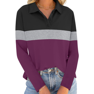 <b>Women's</b> <b>Long</b> <b>Sleeve</b> <b>Polo</b> <b>Shirt</b> Color Block Collared Top Casual Regular Fit - Product Image 4