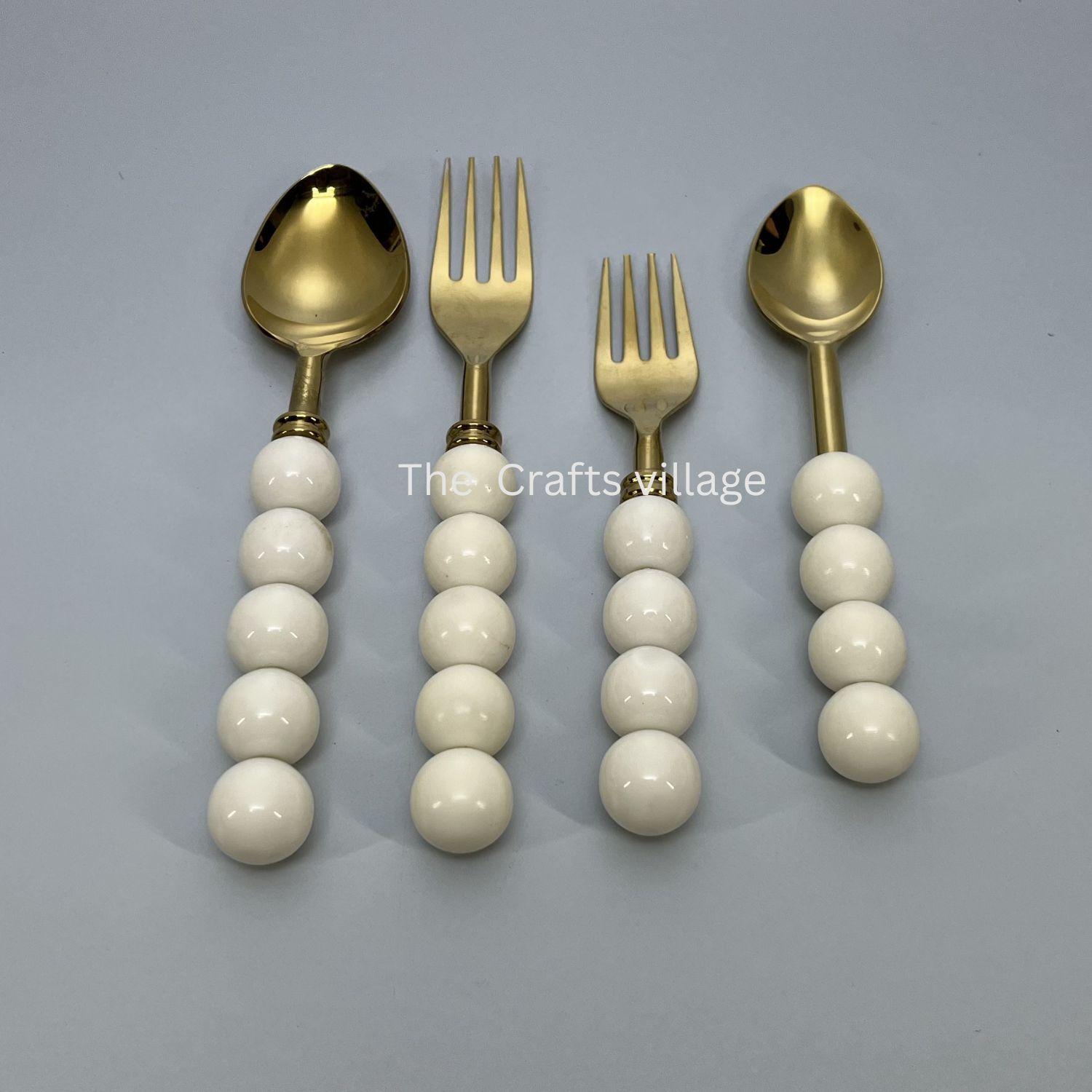 Luxury Gold Stainless Steel Modern Mirror Polish Eco-Friendly Cutlery Set White Beaded Handle Spoon Fork Premium Flatware Dining · image 6