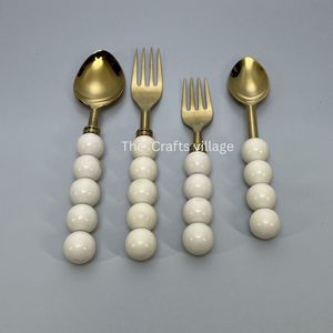 Luxury Gold Stainless Steel Cutlery <b>Set</b> White Beaded Handle <b>Spoon</b> <b>Fork</b> <b>Set</b> Premium Flatware Dining Utensils Wedding Tableware - Product Image 6