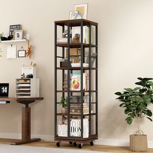 5 Tiers 360 Display Wood Rotating Bookshelf Corner Bookcase with Narrow <b>Rustic</b> <b>Shelf</b> Floor Standing Bookcase - Product Image 1