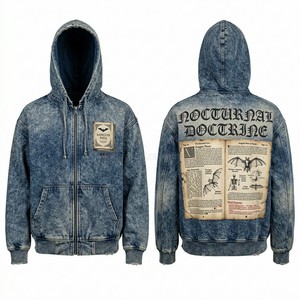 Custom Heavyweight Navy Blue Hoodie Vintage Acid Wash Distressed <b>Pullover</b> <b>Mens</b> Streetwear Embroidery Graphics Fleece Hoodies - Product Image 4