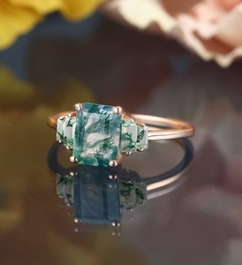 <b>Emerald</b> Cut Moss Agate Bridal <b>Ring</b> in <b>Silver</b> Classic Luxury Engagement <b>Ring</b> Vintage Wedding & Party Jewelry Gift Her Gold Plated - Product Image 4