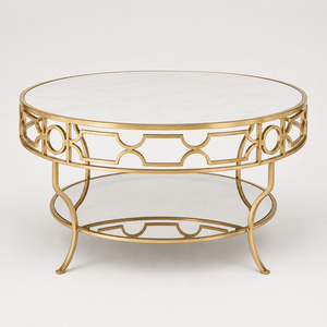 Elegant <b>Round</b> White Marble Coffee <b>Table</b> With <b>Gold</b> Metal Frame Decorative Circular Design Glass Shelf For Living Room Home Decor - Product Image 2