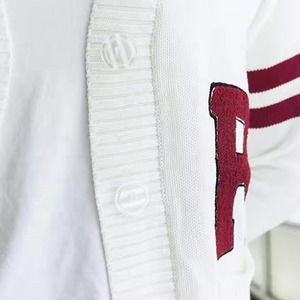 Cárdigan blanco con cuello en V para mujer, estilo preppy de manga larga con bolsillos y detalles de rayas - Product Image 4