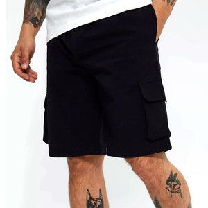 Shorts cargo noirs pour hommes, taille mi-haute, élastiques, respirants, en coton, décontractés, avec poches - Product Image 1