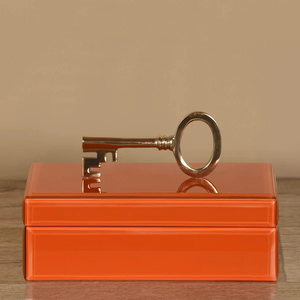 Orange Glass Jewelry Storage Box with <b>Gold</b> Key Handle Glossy Finish Soft Lining Decorative Keepsake and Vanity Organizer - Product Image 1