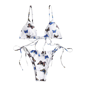 Conjunto de bikini con estampado de mariposas para mujer, top con cordones laterales, traje de baño de poliéster y elastano, ajuste regular - Product Image 1