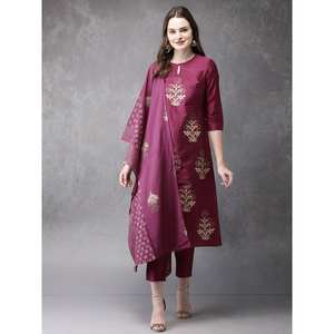 Conjunto de Top y Pantalón de Algodón con Estampado Metálico y Dupatta Color Granate - Product Image 1