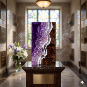 Urna Conmemorativa de Resina Morada, Recuerdo de Madera, Porta Cenizas para Cremación, Decoración para Cementerio o Capilla - Product Image 1