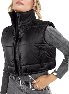 Women's Black Vest Stand Collar Zipper Closure Polyester Wadding Winter <b>Jacket</b> Solid Color Regular Length - Product Image 4