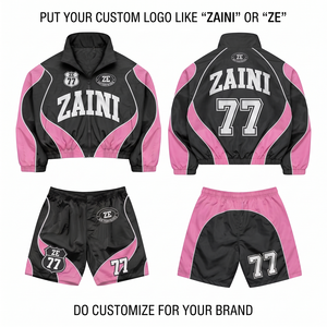 Ensemble court coupe-vent tricoté brodé ZAINI Premium pour homme, noir et rose, avec panneau incurvé et logo personnalisé sérigraphié, séchage rapide - Product Image 1