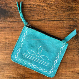 Pochette à monnaie en cuir suédé véritable turquoise Western Boot Stitch Mini portefeuille en cuir de vachette pour femmes - Product Image 2
