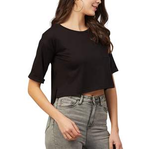 เสื้อยืดครอปแขนสั้นสีดำสำหรับผู้หญิง ผ้าฝ้าย สกรีนโลโก้ได้ สไตล์ลำลอง ใส่ได้ในฤดูร้อน รับผลิตตามแบบ (OEM) ขายส่ง - Product Image 4