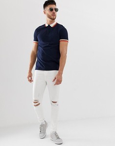 Men's <b>Navy</b> Blue Short Sleeve Polo Shirt With White Collar And Red Yellow Trim Solid Color Smart Casual Style Cotton Woven - Product Image 2