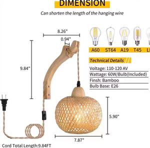Handwoven Bamboo <b>Wall</b> <b>Sconce</b> Boho Wicker <b>Light</b> E27 Natural Woven <b>Wall</b> Lamp Rustic Home Decor Supplier Manufacturer - Product Image 4