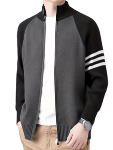 Cardigan en maille épais pour homme, col montant zippé, respirant, polyester/coton, avec chaînes décoratives sur le devant – Collection Automne Hiver - Product Image 5