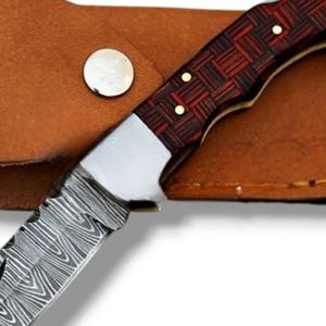 Couteaux pliants de Damas avec étui en cuir véritable, couteaux de chasse et de camping personnalisés, couteaux de poche tactiques EDC, cadeau de collection - Product Image 4