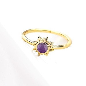 Handmade Amethyst Gemstone Sunburst <b>Rings</b> - Gold Plated <b>Adjustable</b> 6 MM Stone <b>Ring</b> for Women Jewelry - Product Image 1