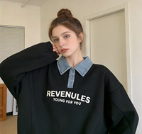 Nouveau sweat à capuche en jean patchwork à revers ample pour femme, collection Printemps-Automne, pull décontracté et polyvalent à manches longues style écolier