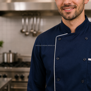 Conjunto de Uniforme de Chef Profesional Azul Marino, Manga Larga, Algodón Tejido, Cierre de Botones, Unisex, para Restaurante y Bar - Product Image 3