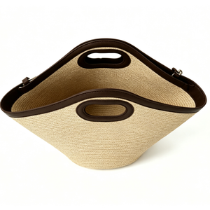 Sac fourre-tout personnalisé en paille naturelle avec poignée découpée, sac à main tissé avec garniture en similicuir contrastant, sac de shopping géométrique en paille large - Product Image 4