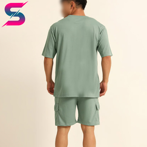 Fully Customized Made Men's Solid Green Cotton T-Shirt and Shorts <b>Set</b> Crew Neck Casual Summer Outfit Breathable <b>Knitted</b> Style - Product Image 5