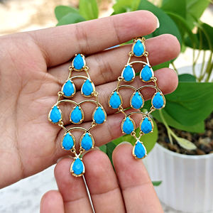 Pendientes de Araña con Gema de Turquesa Azul Intenso, Diseño Atrevido, con Múltiples Piedras Colgantes, Chapados en Oro de 18k, de Latón, Regalo de Joyería - Product Image 4