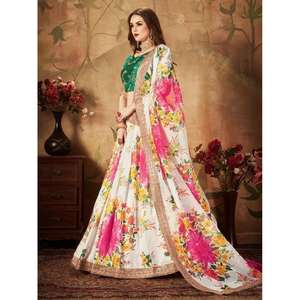 Lehenga Choli de Organza con Estampado Floral Digital en Color Blanco Hueso, Semi-Cosido, 3000g - Product Image 6