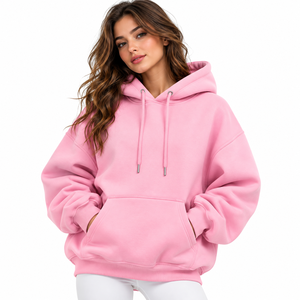 Sudadera con capucha extragrande personalizada para mujer, de felpa rosa algodón de azúcar, estilo casual con hombros caídos, tejido especial a máquina - Product Image 1