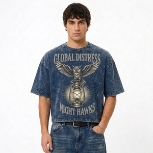 Camiseta Corta con Efecto Ácido para Hombre, Oversize, Manga Corta, Estampado Vintage, Algodón Jersey, Cuello Redondo, Estilo Urbano - Product Image 4