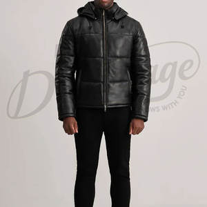 Veste en cuir matelassée noire pour homme avec capuche amovible, manteau d'hiver chaud et rembourré, veste de motard décontractée et tendance pour l'extérieur - Product Image 5