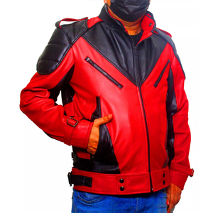 Blouson de moto en cuir PU rouge et noir pour homme, style motard, col montant, fermeture éclair, coupe ajustée, longueur standard, coupe-vent - Product Image 6