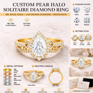 แหวนหมั้นเพชรทรงลูกแพร์ 14K 18K ทองคำ ประดับเพชรโมอิสซาไนต์ทรงลูกแพร์ ดีไซน์แยกก้าน ฝังเพชรแบบพาเว่ แหวนเจ้าสาว เพชรเลี้ยงในห้องปฏิบัติการ สำหรับงานปาร์ตี้และงานแต่งงาน - Product Image 6