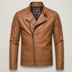 Men's Brown PU Leather Moto <b>Biker</b> <b>Jacket</b> Stand Collar Zipper Closure Slim Fit Regular Sleeve Solid Color Autumn Wear - Product Image 2