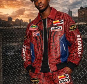 Ensemble pull et short pour homme, imprimé toile d'araignée, veste bomber, rouge, décontracté, été, tricoté, polyester, coton, design original - Product Image 3