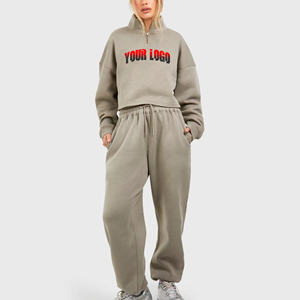 Conjunto Deportivo Casual de 2 Piezas para Mujer, Sudadera Oversize con Cuello Alto y Cremallera, Pantalones Deportivos Anchos con Logotipo Personalizado - Product Image 1