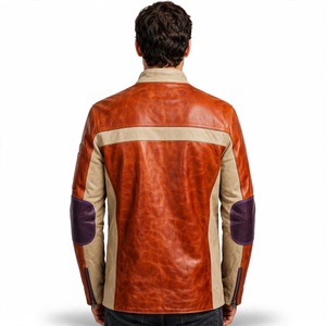 Veste de moto en cuir véritable pour homme Amkoor, coupe ajustée, col montant, fermeture éclair, blocs de couleur, veste de motard pour l'automne - Product Image 2