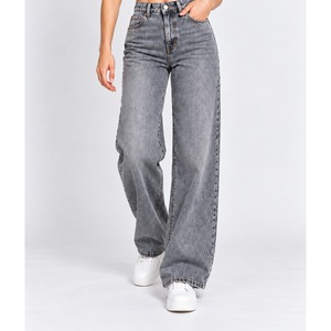 Jean en denim taille haute à jambe large pour femme, gris cendré brodé, collection printemps, taille XL - Product Image 1