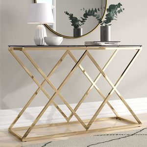 Vintage Style Metal Console <b>Desk</b> With <b>Glass</b> Top Decorative Accent Furniture For Entryway And Hall Areas - Product Image 2