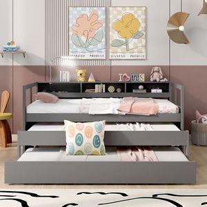Cama Infantil Gris con Diseño Moderno, Tamaño Twin XL, de Madera, con 2 Camas Nido, 3 Espacios de Almacenamiento, 1 Luz y Carga USB Gratuita - Product Image 2