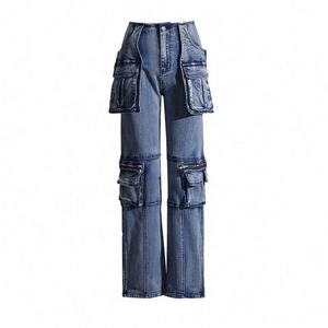 High Waist Distressed Washed Cargo Pants Women's Utility Loose Fit Full Length Denim With Multiple Pocket Cargo Pant For Women's - Product Image 4
