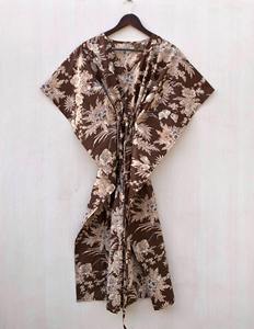 Vestido Kaftan de Algodón con Estampado Floral a Mano, Túnica Maxi Hippie con Plumas, Ropa Casual Ecológica - Product Image 4