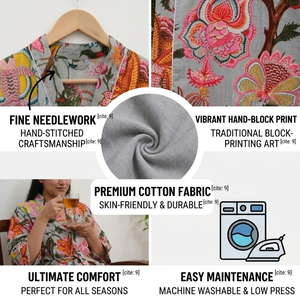 Bata Kimono de Algodón Gris con Estampado Floral, Ecológica, con Cuello en V y Cordón Ajustable, Ropa de Dormir de Manga Larga para Mujer, Ropa de Estar por Casa, Ropa Maria - Product Image 5