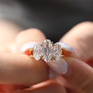 3.5ct Elongated oval Cut Lab Grown Diamond Three Stone <b>Ring</b> Victorian Style 18K Yellow Gold <b>Split</b> Band Custom Wholesale - Product Image 1