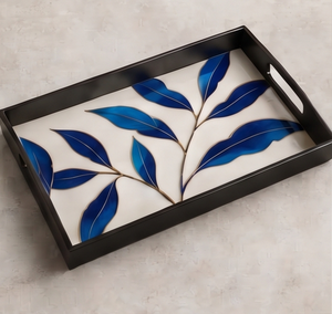 Plateau de service moderne en émail à motif de feuilles bleues, assiette en métal avec poignées uniques, décoration esthétique pour la maison, centre de table, vaisselle - Product Image 5