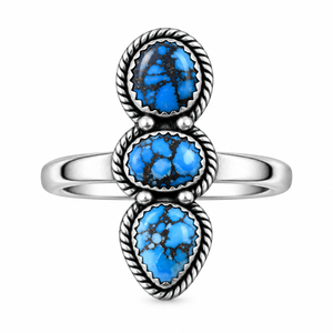 Anillo de Turquesa Golden Hill con 3 Piedras, Engaste de Garras, Hecho a Mano, Estilo Bohemio Occidental, Anillo de Joyería Único con Gema de Diseño - Product Image 1