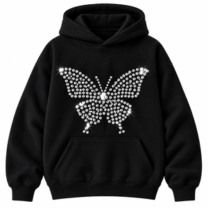 Sudadera con Capucha Negra para Mujer con Pedrería de Mariposa, Estilo Casual Urbano, Forro Polar, con Logotipo Personalizado, a la Moda - Product Image 1